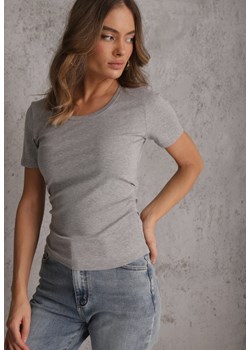 Szary T-shirt w Prążki z Marszczeniami po Bokach Nedala ze sklepu renee.pl w kategorii Bluzki damskie - zdjęcie 189224146