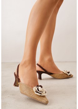 Brązowe Tweedowe Sandały na Kaczuszce z Odkrytą Piętą i Kwiatową Aplikacją Soza ze sklepu born2be.pl w kategorii Czółenka - zdjęcie 189234818