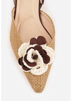 Brązowe Sandały Slingback na Kaczuszce z Tweedowymi Wstawkami i Kwiatem 3D Zehe ze sklepu renee.pl w kategorii Czółenka - zdjęcie 189234987