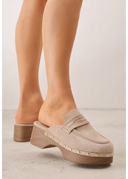 Beżowe Klapki Drewniaki o Fasonie Loafersów z Ozdobnymi Nitami Sargita ze sklepu renee.pl w kategorii Klapki damskie - zdjęcie 189235006