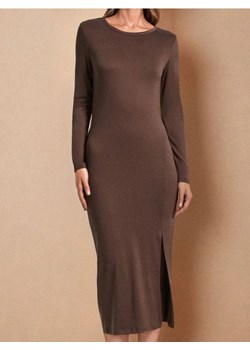 Sinsay - Sukienka midi z długim rękawem i rozcięciem - brązowy ze sklepu Sinsay w kategorii Sukienki - zdjęcie 189235655