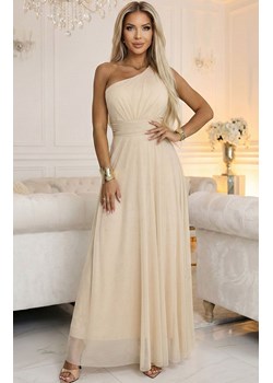 Długa błyszcząca suknia wieczorowa na jedno ramię beżowa 656-2, Kolor beżowy, Rozmiar one size, NUMOCO BASIC ze sklepu Primodo w kategorii Sukienki - zdjęcie 189239785