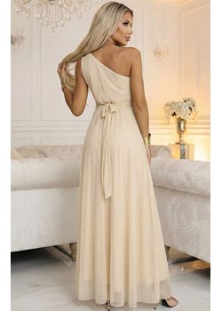 Długa błyszcząca suknia wieczorowa na jedno ramię beżowa 656-2, Kolor beżowy, Rozmiar one size, NUMOCO BASIC ze sklepu Primodo w kategorii Sukienki - zdjęcie 189239786