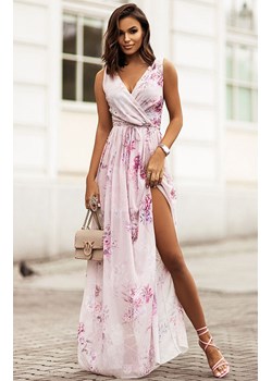 Długa sukienka damska maxi szyfonowa pudrowy róż w kwiaty 338 Dolores, Kolor różowy, Rozmiar XL, Ivon ze sklepu Intymna w kategorii Sukienki - zdjęcie 189241645