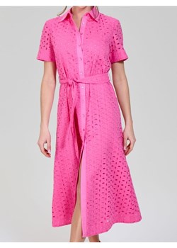 Sinsay - Bawełniana ażurowa sukienka midi z paskiem - różowy ze sklepu Sinsay w kategorii Sukienki - zdjęcie 189247308