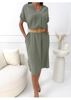 Pistacjowa Sukienka z Dekoltem V i Paskiem ze sklepu ModnaKiecka.pl w kategorii Sukienki - zdjęcie 189254808