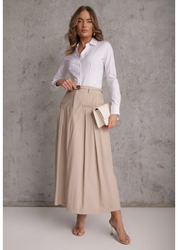 Beżowa Rozkloszowana Spódnica z Wiskozy Zdobiona Plisami i Paskiem Durklea ze sklepu renee.pl w kategorii Spódnice - zdjęcie 189255645