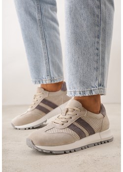 Jasnobeżowe Zamszowe Sneakersy Ozdobione Perforacją i Paskami Semielle ze sklepu born2be.pl w kategorii Buty sportowe damskie - zdjęcie 189258887