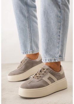 Ciemnobeżowe Zamszowe Sneakersy na Grubej Podeszwie z Perforacją i Ozdobą Sewtora ze sklepu born2be.pl w kategorii Buty sportowe damskie - zdjęcie 189258896