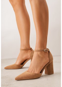 Jasnobrązowe Czółenka z Imitacji Zamszu na Słupkowym Obcasie ze Szpiczastym Noskiem Hadina ze sklepu renee.pl w kategorii Czółenka - zdjęcie 189260068