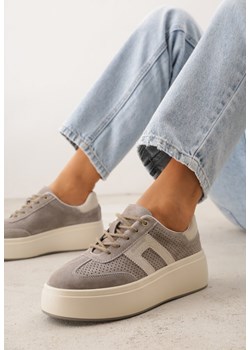 Ciemnobeżowe Sneakersy z Zamszu Naturalnego na Platfomie z Napisem i Perforacją Zitara ze sklepu renee.pl w kategorii Buty sportowe damskie - zdjęcie 189260406