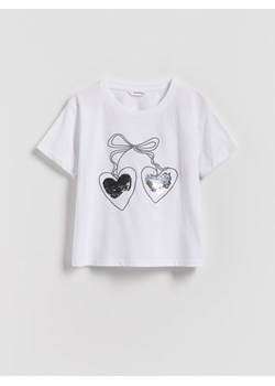 Reserved - T-shirt z cekinową aplikacją - złamana biel ze sklepu Reserved w kategorii Bluzki dziewczęce - zdjęcie 189262497