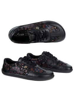 Buty barefoot damskie Olivier 113MP – anatomiczne buty skórzane czarne kwiaty ze sklepu butyolivier w kategorii Półbuty damskie - zdjęcie 189278168