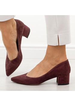Śliwkowe zamsz skórzane Polskie czółenka damskie na obcasie Prestige 2 ze sklepu suzana.pl w kategorii Czółenka - zdjęcie 189283018