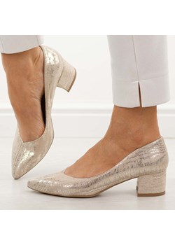 Złote s160 skórzane Polskie czółenka damskie na obcasie Prestige 2235/ ze sklepu suzana.pl w kategorii Czółenka - zdjęcie 189283045