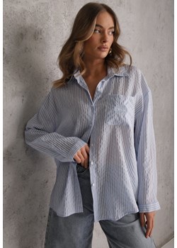 Niebieska Koszula Oversize z Tencelu w Paski z Haftowanym Wzorem Tidore ze sklepu renee.pl w kategorii Koszule damskie - zdjęcie 189283225