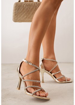 Złote Sandały na Szpilce z Cyrkoniami i Kwadratowym Noskiem Vikirona ze sklepu born2be.pl w kategorii Sandały damskie - zdjęcie 189308216