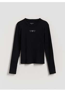 Reserved - Prążkowana bluzka z aplikacją - czarny ze sklepu Reserved w kategorii Bluzki dziewczęce - zdjęcie 189314805