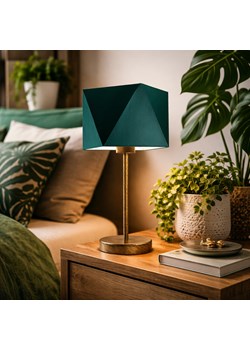 Złota lampka stołowa LED do sypialni w stylu urban jungle WUHU z materiałowym abażurem w kolorze zieleni butelkowej ze sklepu Lysne w kategorii Lampy stołowe - zdjęcie 189317507