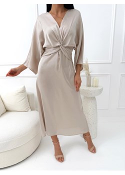Beżowa Satynowa Sukienka Midi ze sklepu ModnaKiecka.pl w kategorii Sukienki - zdjęcie 189346289
