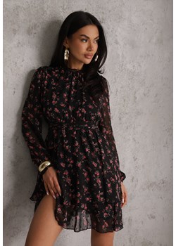 Czarna Sukienka Rozkloszowana w Kropki i Kwiatowy Print z Falbanami Ediannela ze sklepu renee.pl w kategorii Sukienki - zdjęcie 189368259