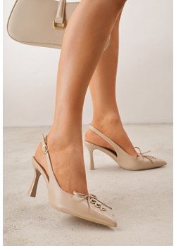 Ciemnobeżowe Szpilki Slingback VICES Zdobione Gorsetowym Wiązaniem z Kokardą Azimuna ze sklepu renee.pl w kategorii Czółenka - zdjęcie 189384129