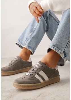 Ciemnobeżowe Sneakersy ze Skóry Naturalnej w Stylu Tenisówek z Paskami Arethephila ze sklepu born2be.pl w kategorii Buty sportowe damskie - zdjęcie 189384347
