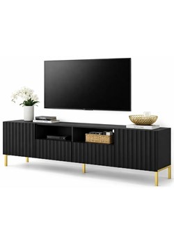 Czarna szafka rtv glamour z lamelami na złotych nogach T6-P00 ze sklepu Edinos.pl w kategorii Szafki RTV - zdjęcie 189385756