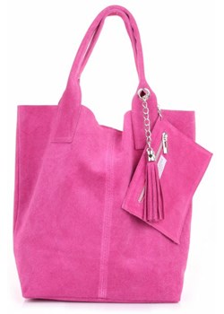 Włoska Torebka Skórzana  Shopper bag Zamsz Naturalny Fuksja ze sklepu PaniTorbalska w kategorii Torby Shopper bag - zdjęcie 24527688