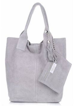 Włoska Torebka Skórzana  Shopper bag Zamsz Naturalny Jasno Szara ze sklepu PaniTorbalska w kategorii Torby Shopper bag - zdjęcie 25111758