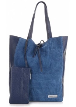 Włoskie Torebki Skórzane VITTORIA GOTTI ShopperBag z Etui Niebieska - Jeans (kolory) ze sklepu PaniTorbalska w kategorii Torby Shopper bag - zdjęcie 64673959