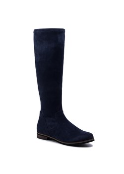 Granatowe kozaki damskie Caprice casualowe z cholewką przed kolano bez wzorów na zimę 