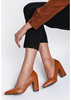 Czółenka brązowe Renee eleganckie ze szpiczastym noskiem ze skóry ekologicznej w zwierzęcy wzór 