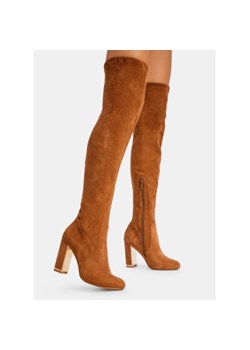 Kozaki damskie DeeZee za kolano brązowe gładkie na zimę na zamek na słupku 