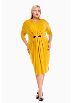 Sukienka Fokus z długimi rękawami żółta z okrągłym dekoltem midi 