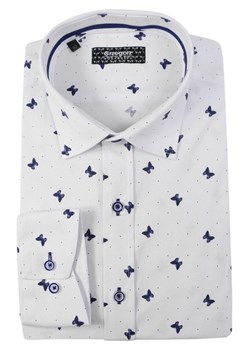 Biała Bawełniana Koszula z Długim Rękawem -GRZEGORZ MODA MĘSKA- Taliowana, w Niebieskie Motyle KSDWGRZEG0006niebmotyl ze sklepu JegoSzafa.pl w kategorii Koszule męskie - zdjęcie 79341378