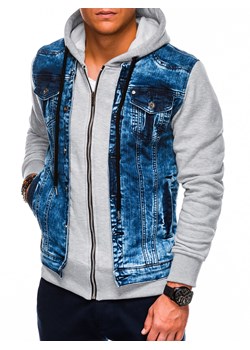 Kurtka męska jeansowa katana z kapturem - niebiesko-szara OM-JADJ-0124 ze sklepu ombre w kategorii Kurtki męskie - zdjęcie 82684557