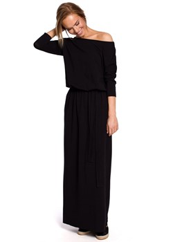 M435 Bawełniana sukienka maxi z paskiem wiązanym w talii - czarna ze sklepu Świat Bielizny w kategorii Sukienki - zdjęcie 85529998
