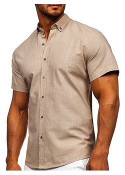 Beżowa bawełniana  koszula męska z krótkim rękawem Bolf 20501 ze sklepu Denley w kategorii Koszule męskie - zdjęcie 89341246