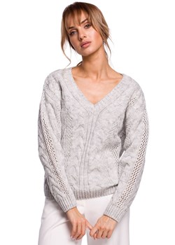 M510 Ażurowy sweter z dekoltem w serek - szary ze sklepu Świat Bielizny w kategorii Swetry damskie - zdjęcie 89472806