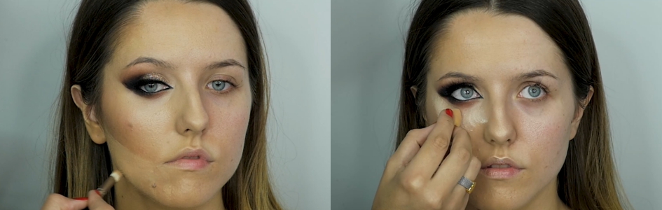 Konturowanie twarzy podkładem na linii kości policzkowych i pod okiem.