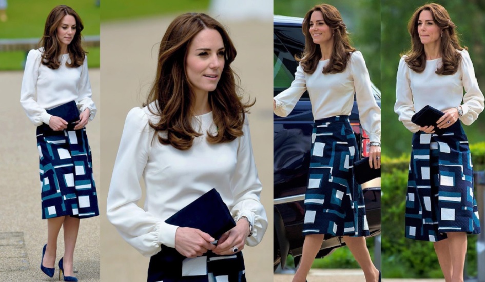 Kate w białej koszuli i spódnicy we wzory