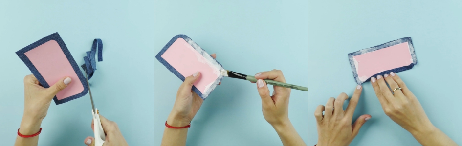 Etui na telefon DIY - zawijanie i przyklejanie krawędzi materiału.