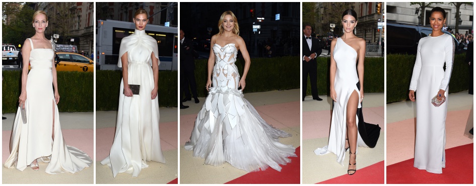 Uma Thurman, Krlie Kloss, Kate Hudson, Emily Ratajkowski i Gugu Mbatha Raw w białych sukienkach balowych.